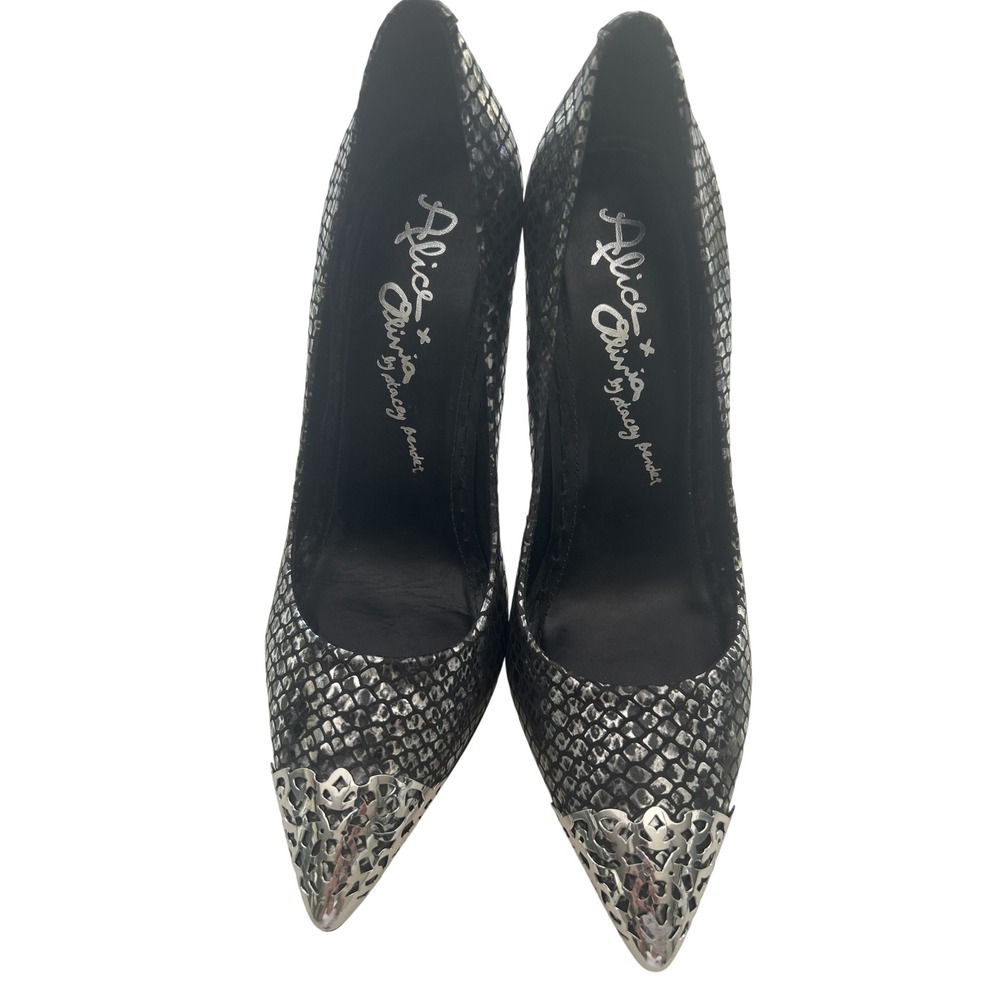 Alice + Olivia Snakeskin Embossed Filigree Metal Toe Pumps Silver Black 39